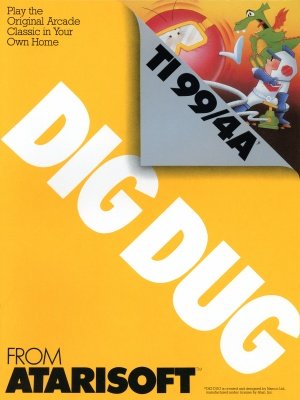 Front of Retail Packaging for Dig Dug for the TI-99/4A